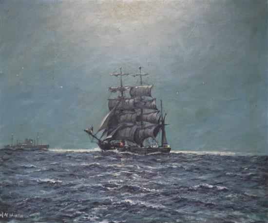 R M Wilson Moonlit seascape with sailing ship 20 x 24in.
